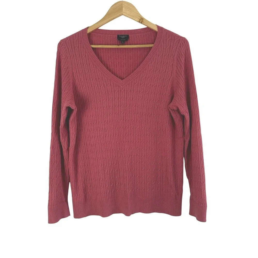 Talbots Woman Sweater Size 1X 100% Pima Cotton Pink V-Neck Pullover Cable‎ Knit